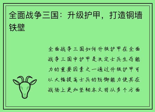 全面战争三国：升级护甲，打造铜墙铁壁